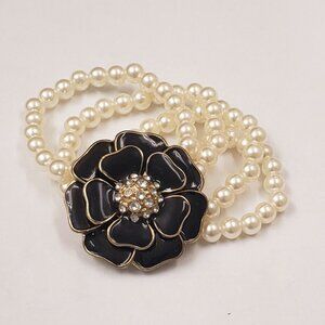 Vintage, multistrand pearl, black large flower rhinestones stretch bracelet